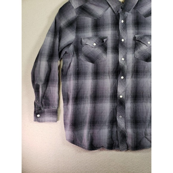 Roebuck Shirt Mens XL Cowboy Western Plaid Point‎ Pocket Button Gray Pearl Snap - Picture 2 of 12